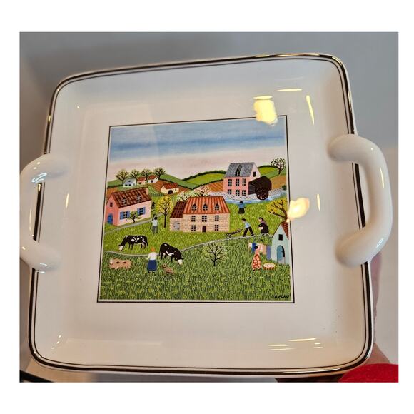Villeroy & Boch Tray Design Naif 1983 Luxembourg Folk village 8" Square handles - Picture 2 of 9